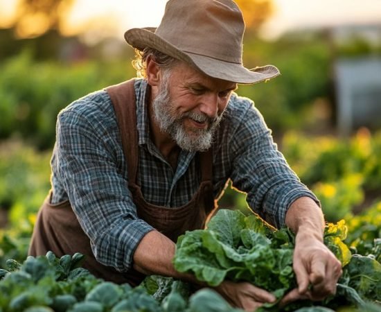 An elderly farmer in a hat and overalls carefully…